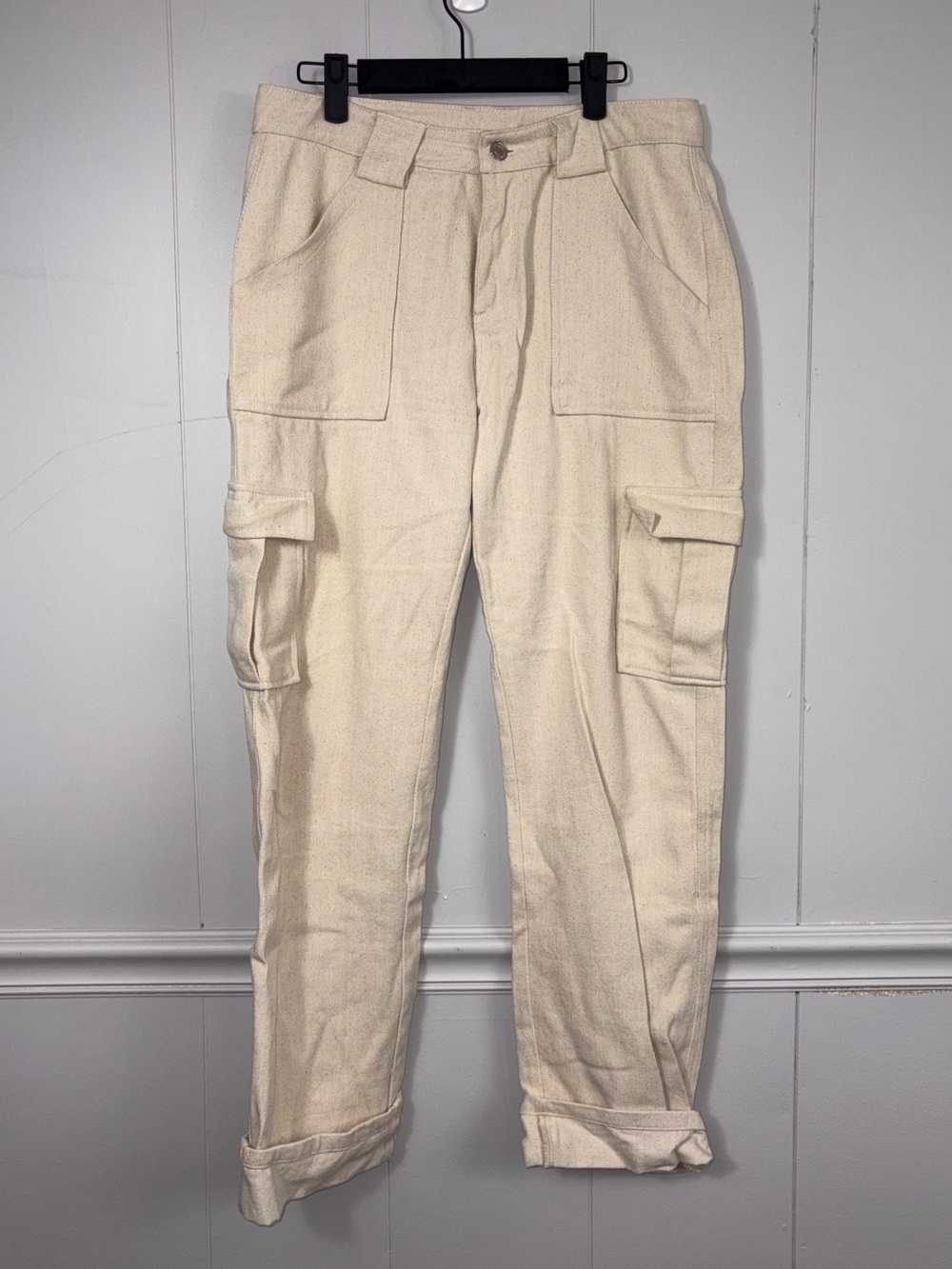 White Fox Off White Cream Textured Cargo Utility Pants Medium Rolled Cuffs Basic